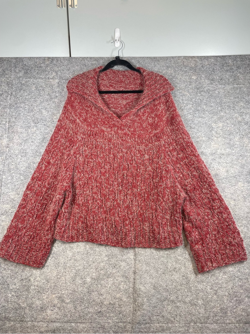 Red Marled Knit Sweater Oversized Wide Sleeve Slouchy Relaxed Boho Cozy Chic